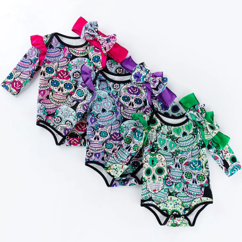 

New Baby Girl Clothes Skull Print Newborn Baby Rompers with Bow Heandband Baby Halloween Costume Toddler Girl Clothes