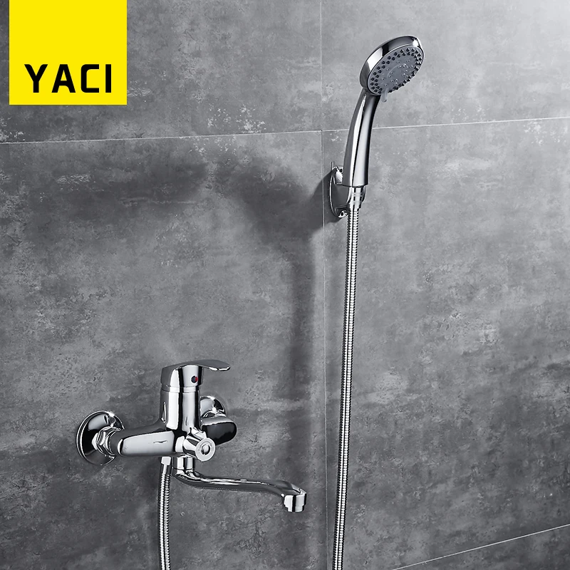 YACI Chrome Single Handle Long Spout Bath Shower Faucet Russia Two