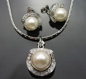 

Women's Wedding White Shell Pearl Crystal Earring Pendant Necklace Set A035 real -jewelrynatural Luxury Ms. girl Wedding