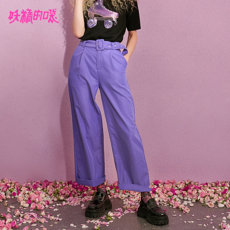 

ELF SACK New Woman Wide Leg Pants Casual Knitted Mid Drawstring Trousers Women Solid Streetwear Full Length Femme Purple Pants