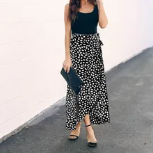 Fashion Women Lace Up Polka Dot Skirt Belt High Waist Split Skirt Asymmetrical Bow Maxi Skirt