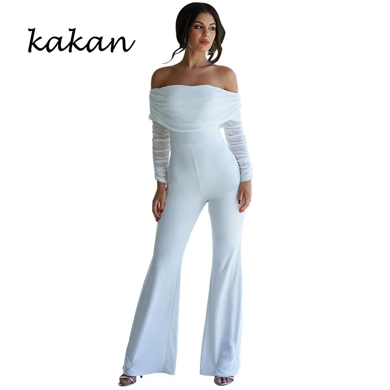 

Kakan Solid color stitching long sleeve pleated tube top jumpsuit One shoulder trousers trousers jumpsuit