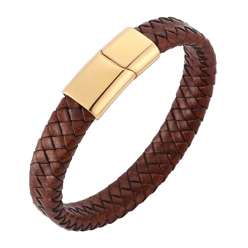 

Fashion Braided Bracelet Men Brown Leather Bracelet Gold Stainless Steel Magnetic Clasp Bangle Vintage Male Jewelry gift BB0232