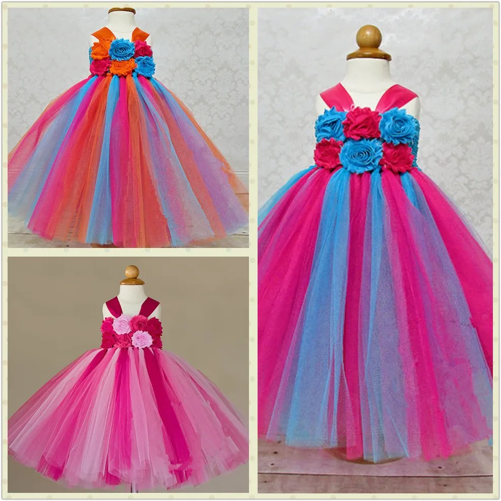 

Rainbow Color Girls Flower Tutu Dress Kids Fluffy Crochet Tulle Tutus with Ribbon Bow Children Cheap Wedding Party Banque Dress