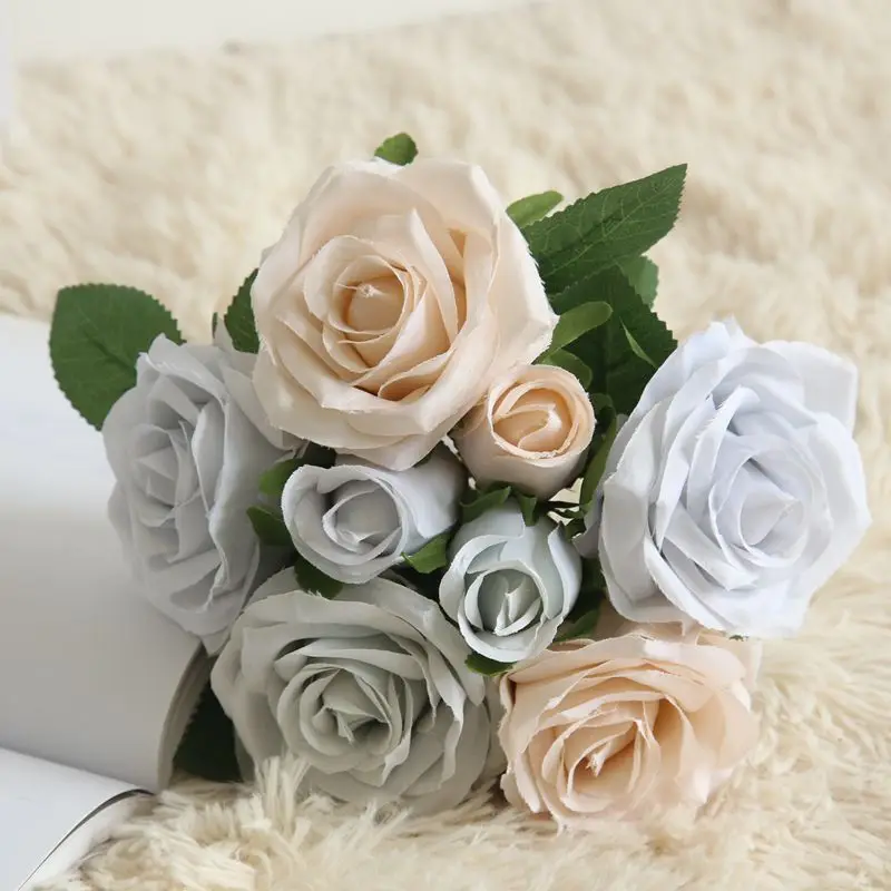 Высокое качество! 8 шт./Букет искусственных цветов шелковые розы Букет невесты Вечерние сувениры для украшения дома свадебные принадлежности - Цвет: Coffee Gray