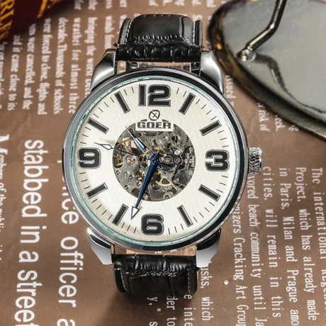 GEOR brand leather machinery Men s Automatic Watch waterproof Luminous digital Skeleton male Wrist watch