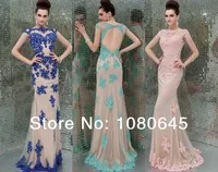 2014 New Fashion Royal Blue Lace Crystal Cap Sleeve Backless Mermaid Prom Graduation Dresses Evening Gown A527