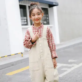 

2019 New Spring Autumn Kids Girls Cotton Sets Teenage Girl Plaid Tops+Solid Overall Pants 2Pcs Suits Toddler Girl Clothes T157
