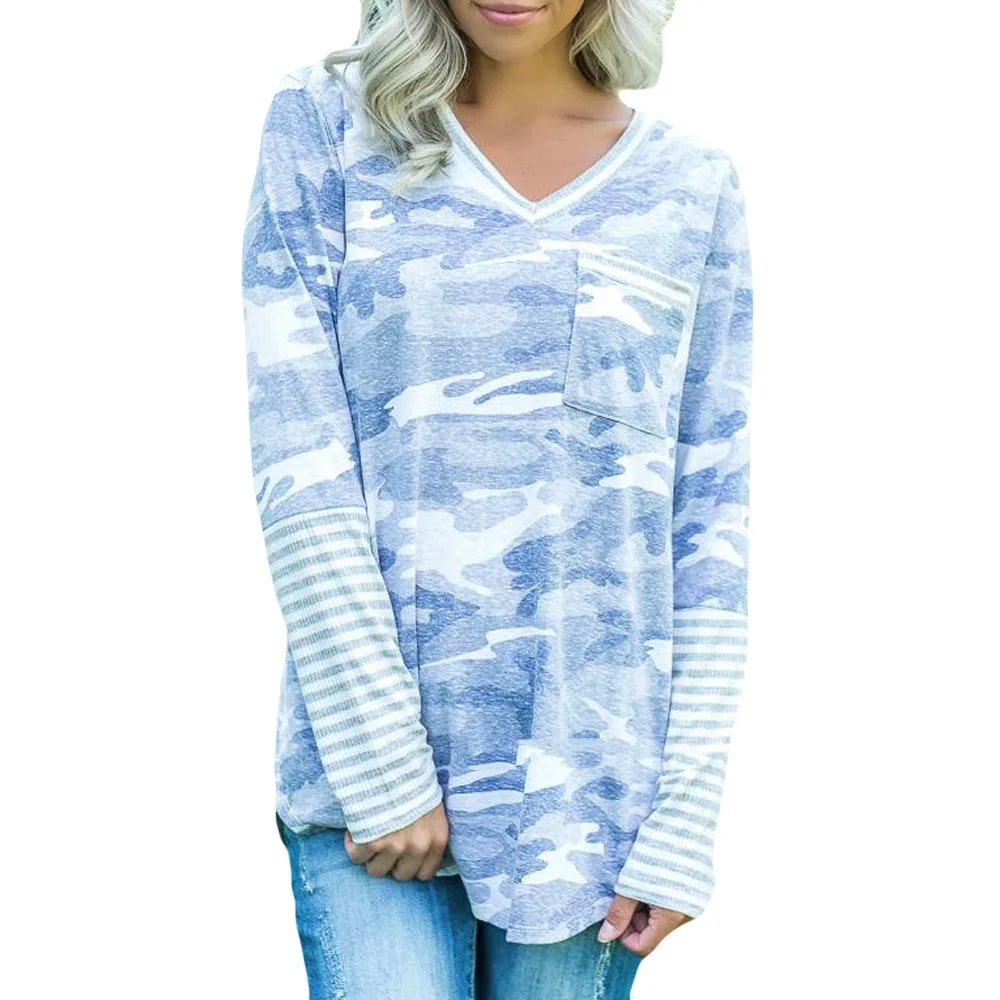 

FREE OSTRICH women's casual navy blue camouflage long-sleeved T-shirt V-neck striped loose tops fashion long shirt plus size