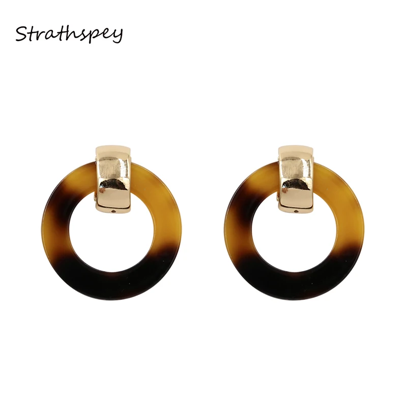

STRATHSPEY Geometric Classic Acrylic Double Circle Drop Earrings Brown Color Metal Exquisite Dangle Earrings Jewelry For Women