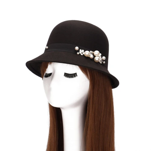 HT1222 элегантная женская шляпа Женская Ретро перламутровая Зимняя шляпа с широкими полями твердая шляпа-котелок из шерстяного войлока шляпа для женщин гибкий колпак шапки женские - Цвет: Черный