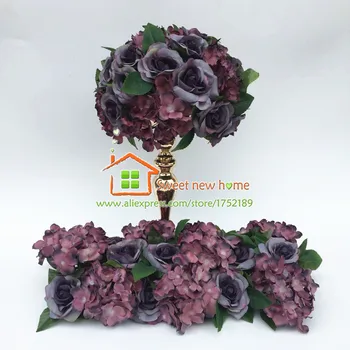

12pcs/lot Table Runner Centerpiece Artificial Flowers Balls Wedding Purple Road Lead Flower Hydrangea And Rose DIY