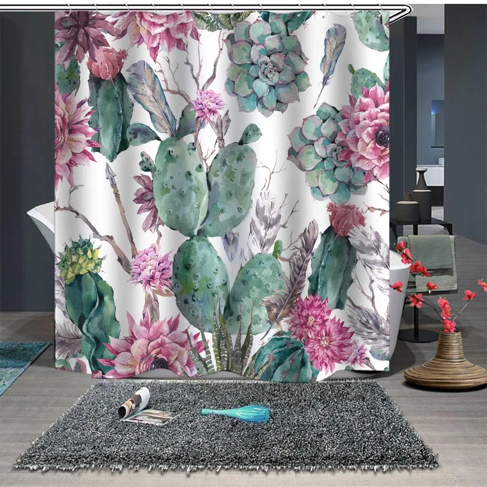 Custom Made Shower Curtain Bathroom Partition 1.5 x 1.8m 1.8 2m Floral Cactus White | Дом и сад