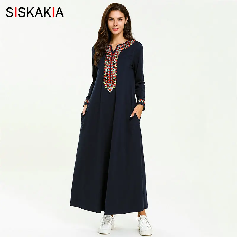 

Siskakia Floral Embroidery Ethnic Long Dress Elegant Full Sleeve Maxi Dresses Plus Size Casual Women Clothes Autumn 2019 New Red