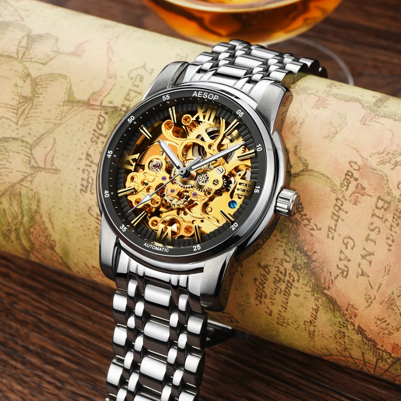 

Fashion Luxury Brand Aesop Hollow Men Watches 2018 automatic Mechanical Watch Gold Male skeleton Wristwatch Steampunk relogio