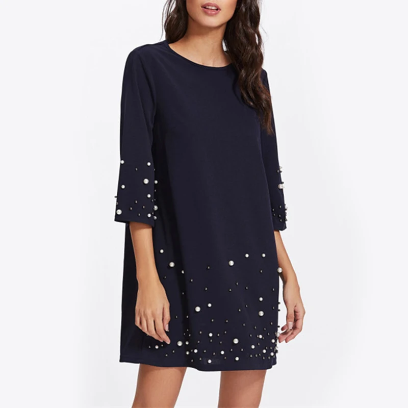 

Women New Casual Summer Round Neck Loose Pearl Beading Straight Dress Party