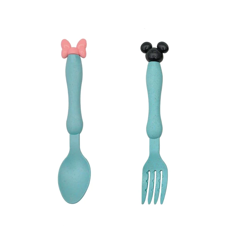 Детская миска+ ложка+ вилка, посуда для кормления, без бисфенола, мультяшный медведь, детская посуда, детский набор посуды для еды, анти-Горячая тренировочная тарелка - Цвет: Blue SpoonFork