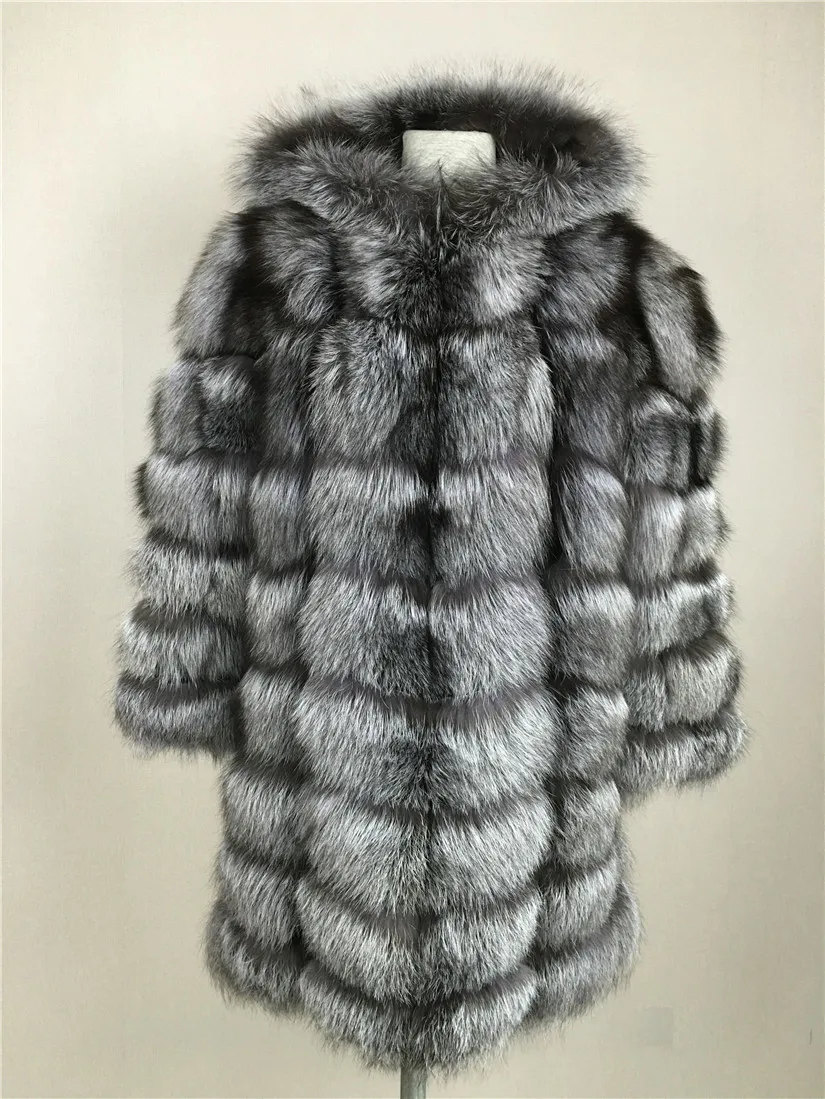 LIYAFUR стиль дамы из натуральной Silver Fox Мех животных длинный капюшон пальто для будущих мам куртка для женщин теплое зимнее пальт