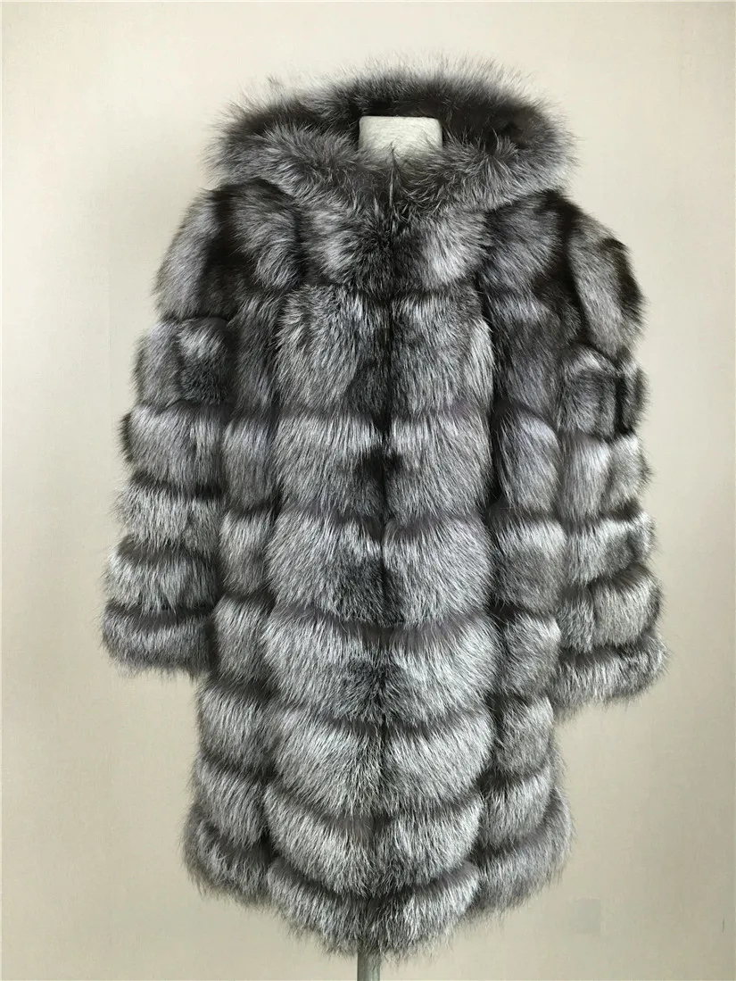 LIYAFUR новый стиль дамы из натуральной Silver Fox Мех животных длинный капюшон пальто