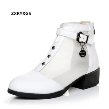 

2019 New Summer Cowhide Mesh Boots Fashion Sandals Round Head Elegant and Comfortable Real Leather Shoes Women Sandals Plus Size