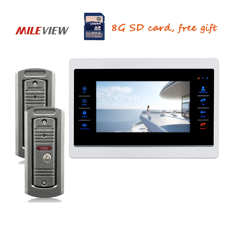 

Free Shipping 720P AHD HD 7" Screen Video Intercom Door Phone Unlock Kit Record Monitor + two 110 Viewing Angle Doorbell Cameras