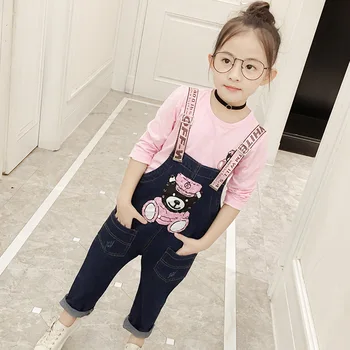 

2017 girls 2pcs set baby girls clothing sets cartoon tops+ bear bib pants sport suit set baby set kids girls spring tracksuit