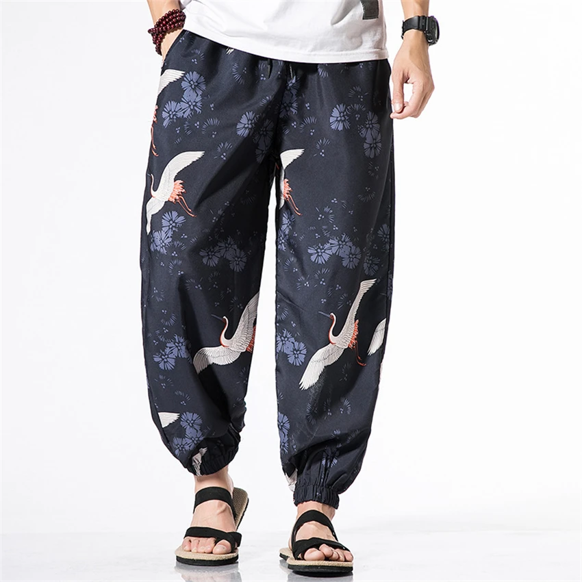 

Fashion Japanese Style Man Crane Print Wide Leg Pants Harajuku Ukiyo-e Summer Harem Trousers Asian Kimono Yukata for Male