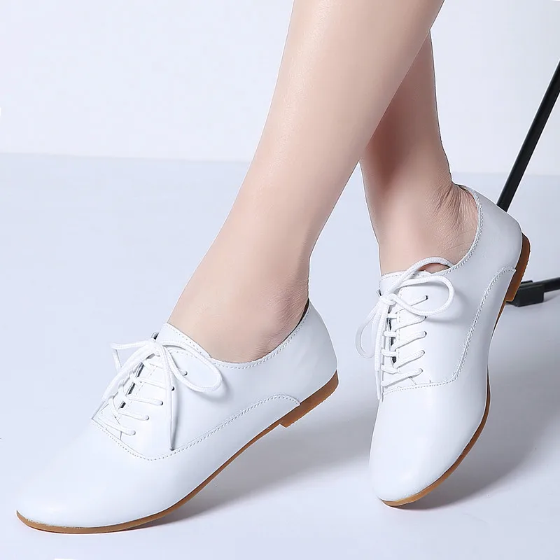 LZJ Spring women oxford shoes ballerina flats shoes women genuine leather shoes moccasins lace up loafers white shoes 35-44