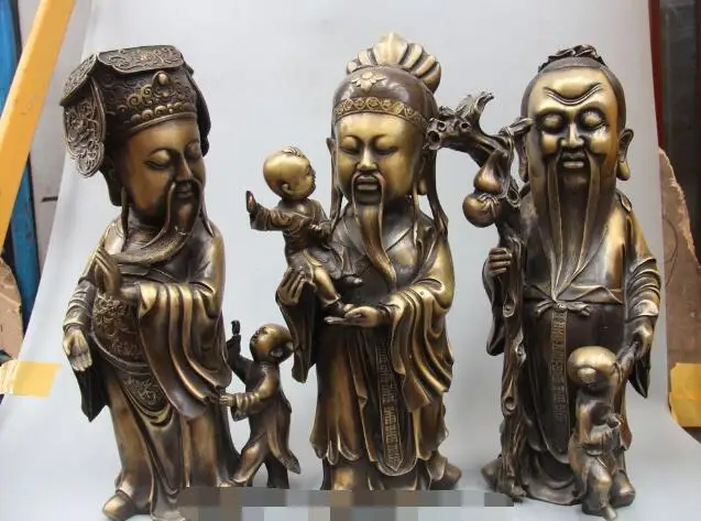 

S01079 16" Chinese Bronze Fengshui 3 Longevity God Fu Lu Shou Life Buddha 3 boy Statue (B0328)