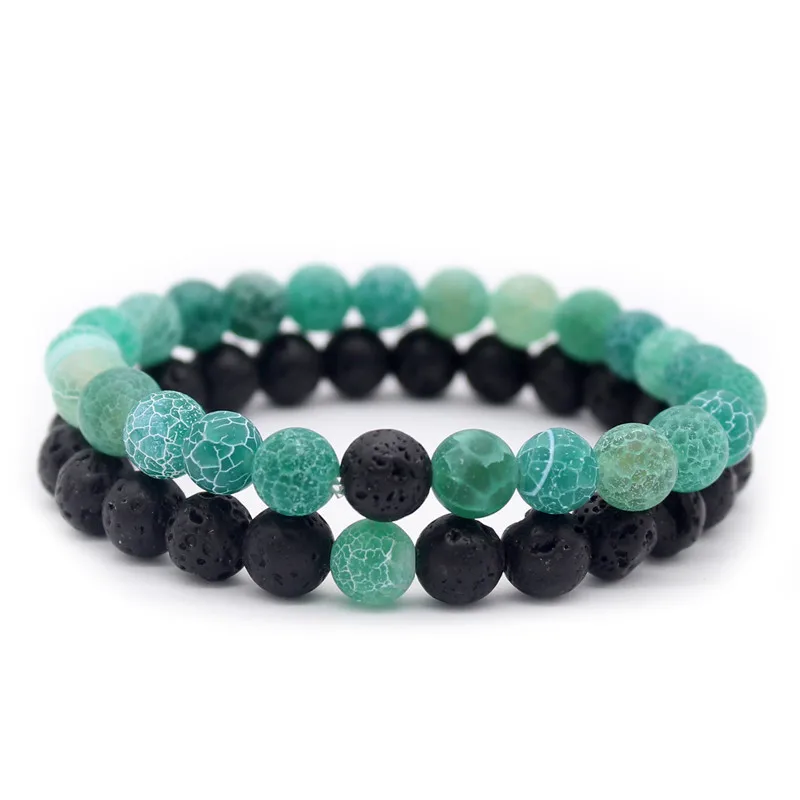 PHB002 2pcs/set 8mm Natural Stone Bracelets& Bangles Couple Bracelet for Lovers Gift - Окраска металла: green black