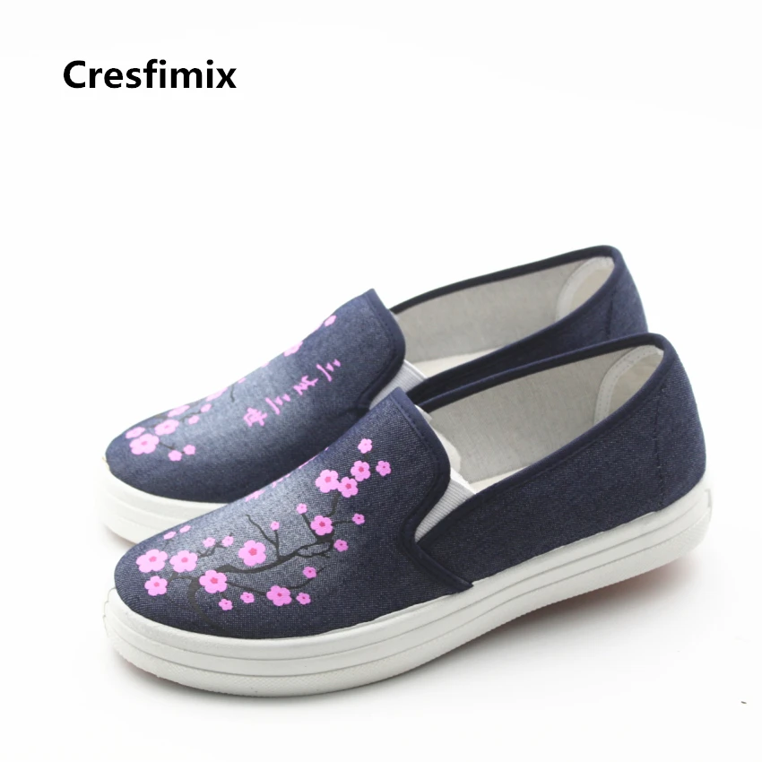 

Cresfimix sapatos femininas women cute navy blue floral print flat shoes female casual canvas round toe shoes female cool shoes