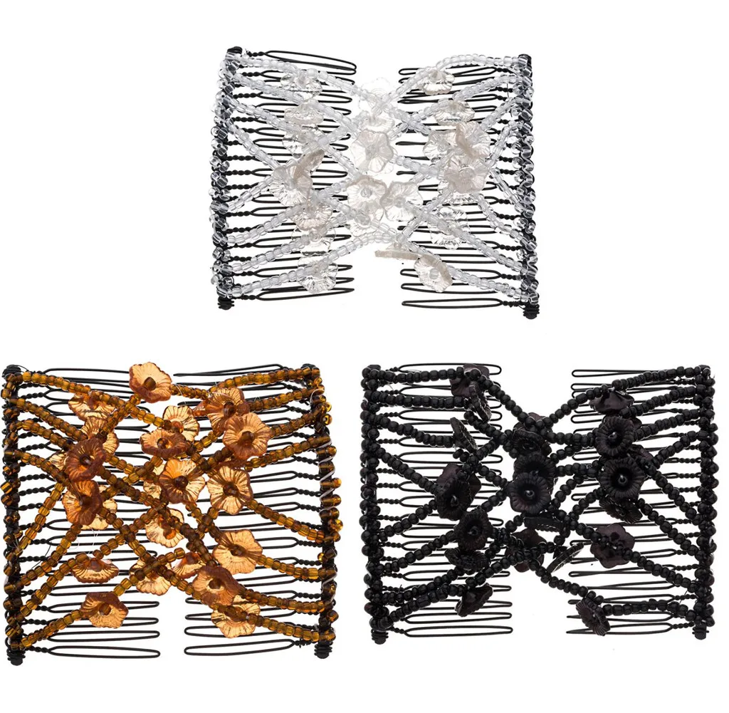 

LOVEF 4PC Flower Magic Beads Elasticity Double Hair Comb Clip Stretchy Combs Clips Accessories