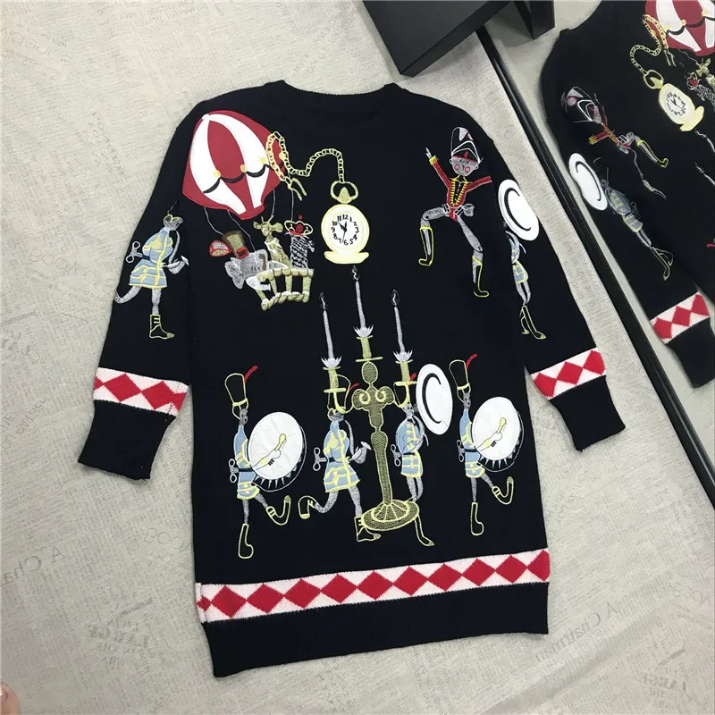 

High Quality 50% Wool Sweater for Women Winter Circus Cartoon Pattern Embroidery Sequins Diamond Warm Loose Knitted Pullovers