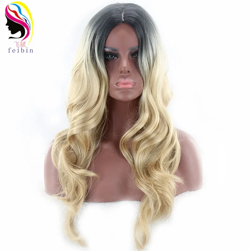 

Feibin Synthetic Wigs for Women Wavy Ombre Blonde Colour Hair High Temperature Feiber 24 inches 60cm F85