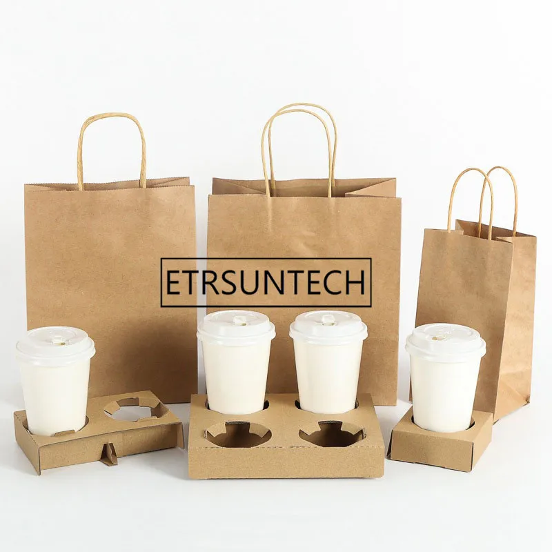 

300sets Disposable Coffee Takeout Holder Cafe Milk Juice Packing Tools Holders With Paper Bag Take Away Drinks Cup Shelf