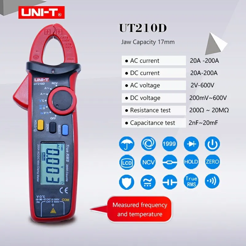 Цифровой клещи UNI-T UT210A/B/C/D/E AC DC измеритель напряжения тока True RMS мультиметр Емкость Сопротивление частоты тестер - Цвет: UT210D