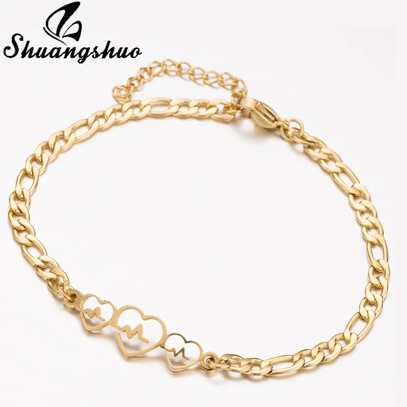 Shuangshuo Boho Heartbeat Stainless Steel Bracelets for Women Chain Link Bracelet Charms Couple Bracelet for Lovers Accessories