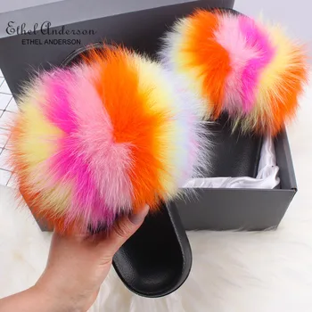 

Top Selling Real Fur Slippers Slides Women Summer Plush Fox Flip Flops Holiday Fluffy Raccoon Fur Sandals Shoes