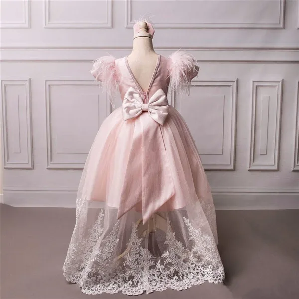 

New Pink Puffy Baby Girl Birthday Party Gowns Lace Applique Flower Girl Dress Kid Clothes Christmas New Year