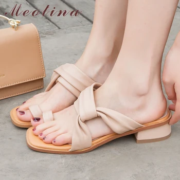 

Meotina Sheepskin Women Slippers Summer Shoes Natural Genuine Leather Square Heel Shoes Casual Flip Flops Ladies Sandals Size 40
