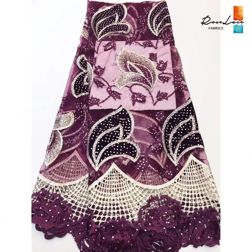 

Nigerian African Net Cord Lace Fabric With Stones In Purple Embroidered 20K9 Water Soluble Guipure Mesh Tulle Net Dress Sewing