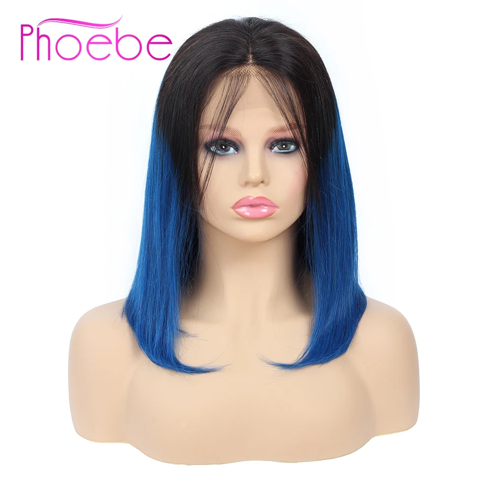 Phoebe 13x4 кружевной передний парик с Омбре 1B Blue короткие человеческие волосы парики