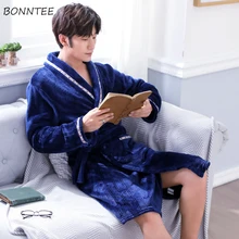 Мужской Халат с отложным воротником, простой мягкий фланелевый зимний халат с карманами, повседневный домашний халат, мужской халат с толстым длинным рукавом, шикарный Халат