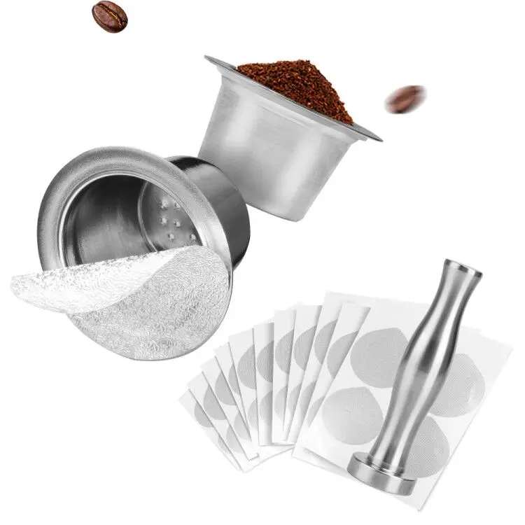 

Refillable Nespresso Capsule Reusable Stainless Steel Coffee Basket Adhesive Aluminum Foils Seals Metal Nespresso Tamper