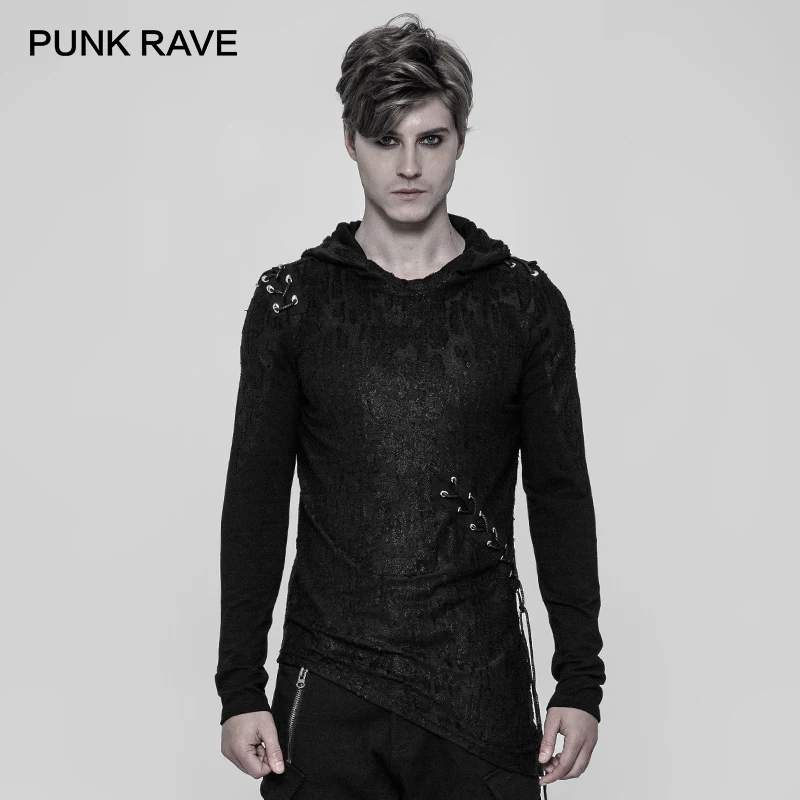 

PUNK RAVE New Punk Diablo T-shirt Cool Black Men Shirts Gothic Black Hoodie Slim-Fitting Rock Cotton Casual Personality Tops
