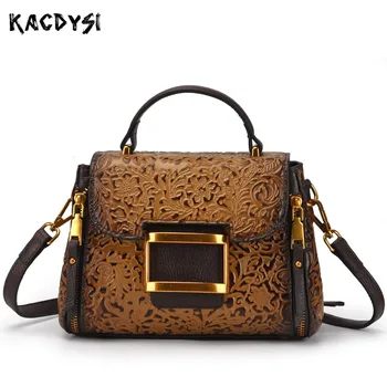 

Natural Cowskin Leather Handmade Embossed Small Women Tote Bag Top Quality Retro Brush Color Handbag For Girl Cross Shoulder Bag
