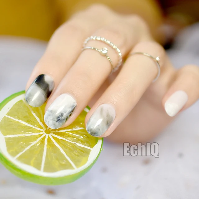 Short Marble Gray Fake Nails Full Cover Oval Press On 24 Nail Tips Short Marble Gray Fake Nails Full Cover Oval Press On 24 Nail Tips 00with Clear Adhesive