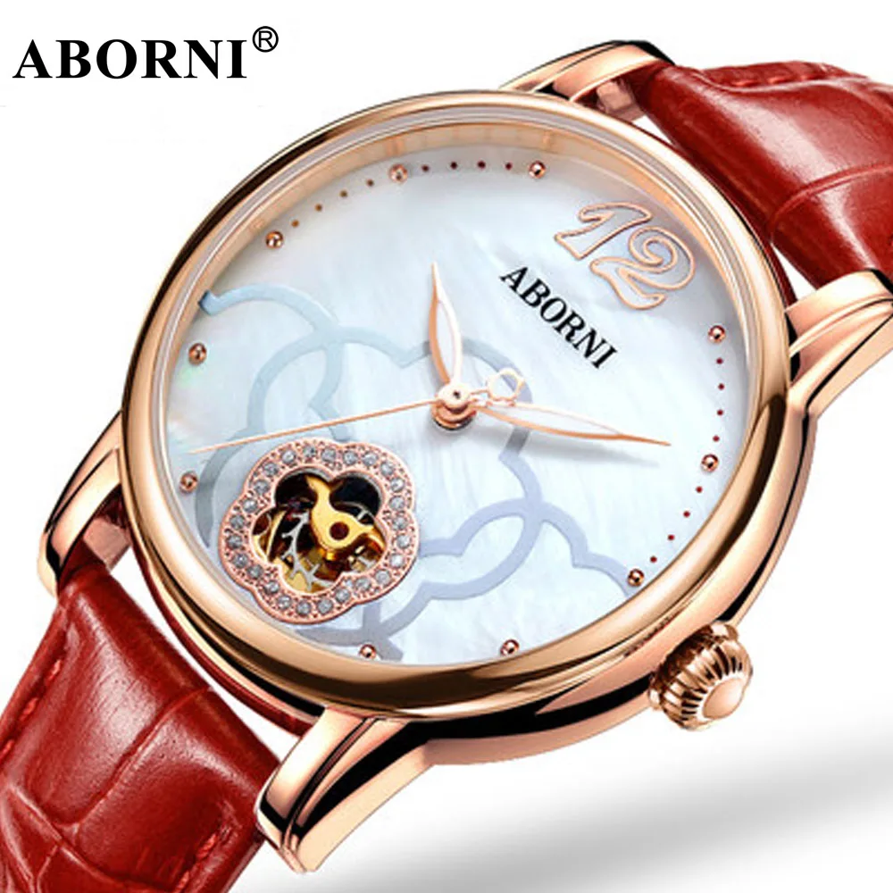 

ABORNI Luxury Women Watches Automatic Mechanical Skeleton Rose Gold Ladies Watch Creative Bracelet Luminous Female Wristwatch