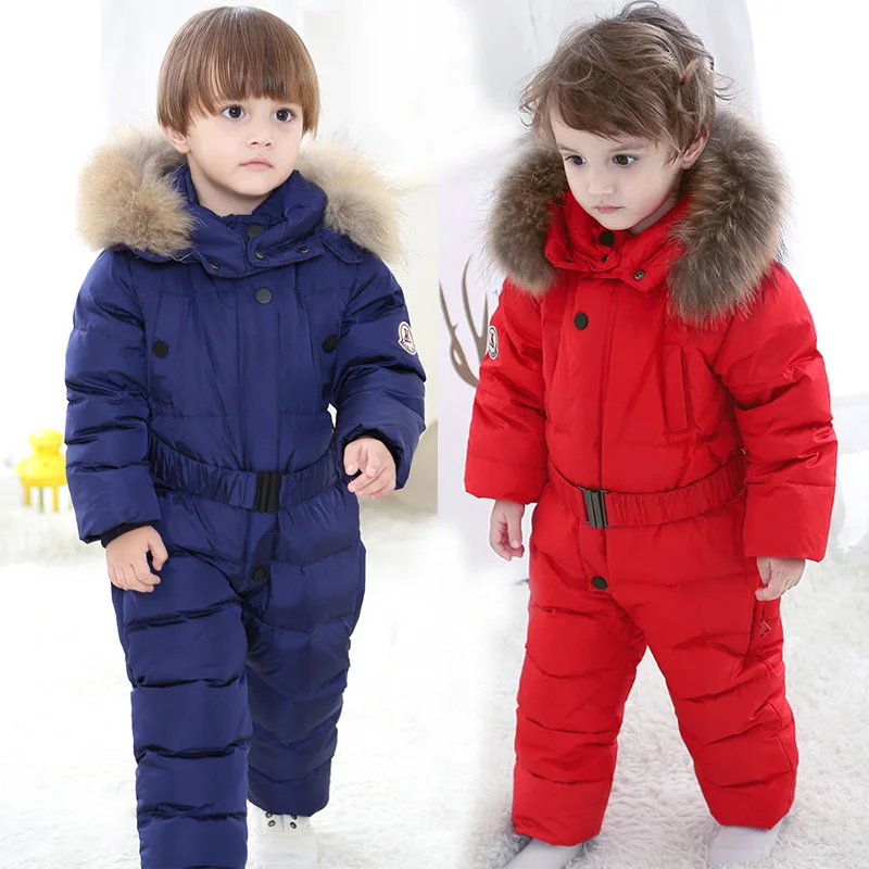 

2019 winter Baby Jumpsuits Winter Kids Boys Girl Overalls Rompers Snowsuit White Duck Down Children Jumpsuit Hooeded Rompers