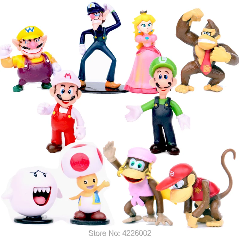 10pcs Super Mario Bros Luigi Wario Waluigi PVC Action Figures Donkey Kong Peach Toad Anime Figurines Kids Toys set for Children